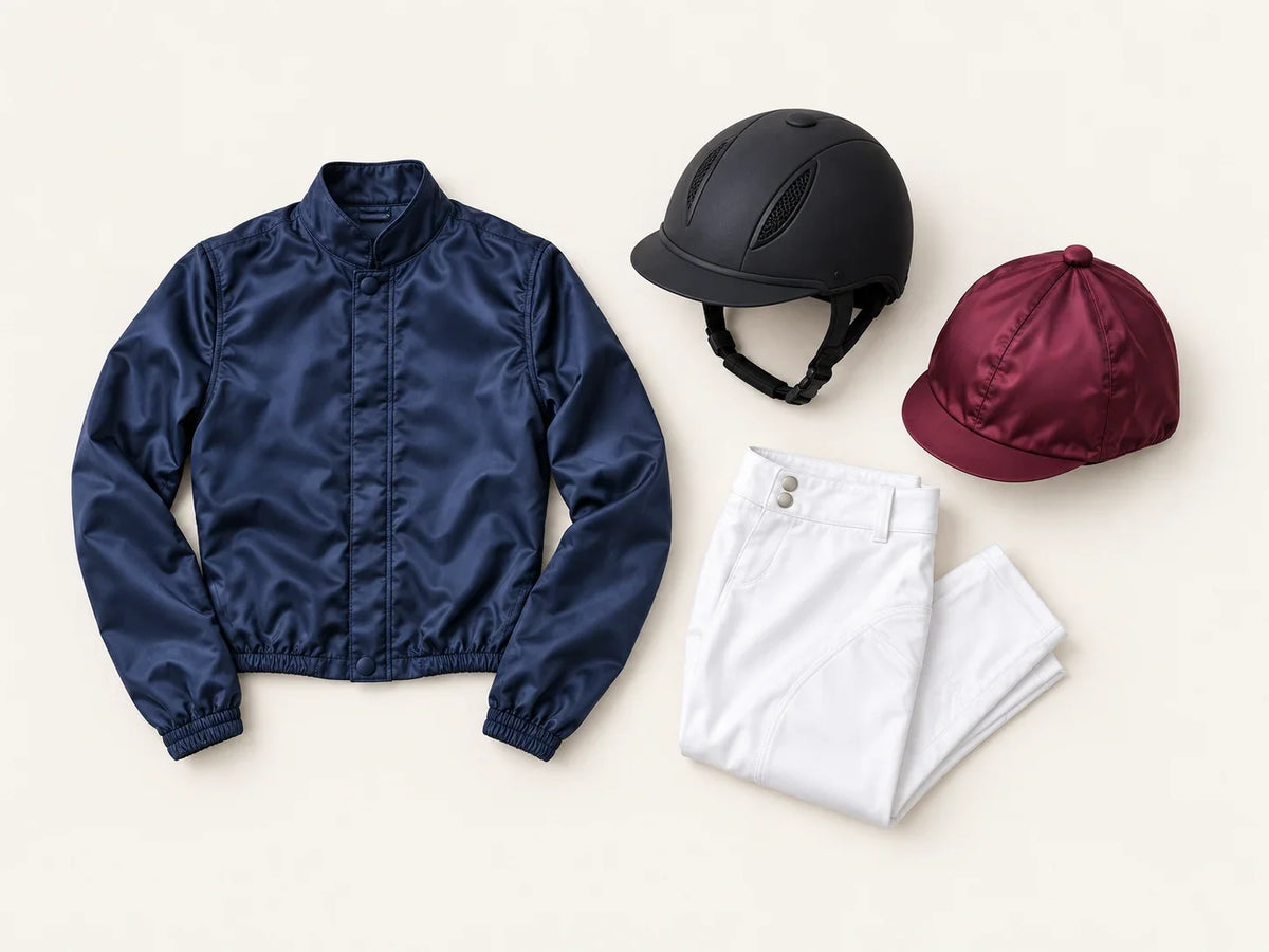 Équipement de jockey : veste marine, pantalon blanc, casque et toque bordeaux sur fond écru