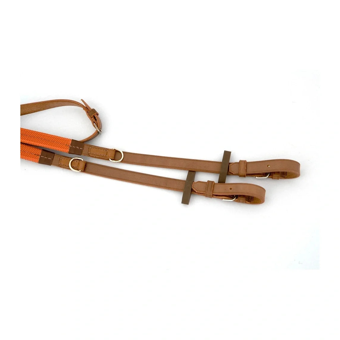 Rênes d’entraînement à dés Sellerie Cassou en cuir marron avec prises orange, vue de face
