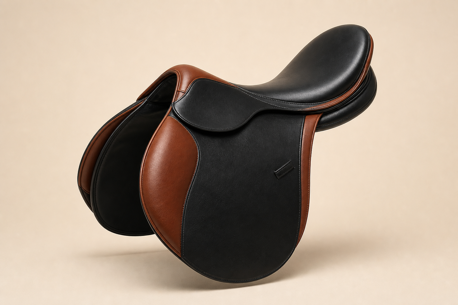 Sellerie Cassou racing saddle photographed in a studio against an ecru background